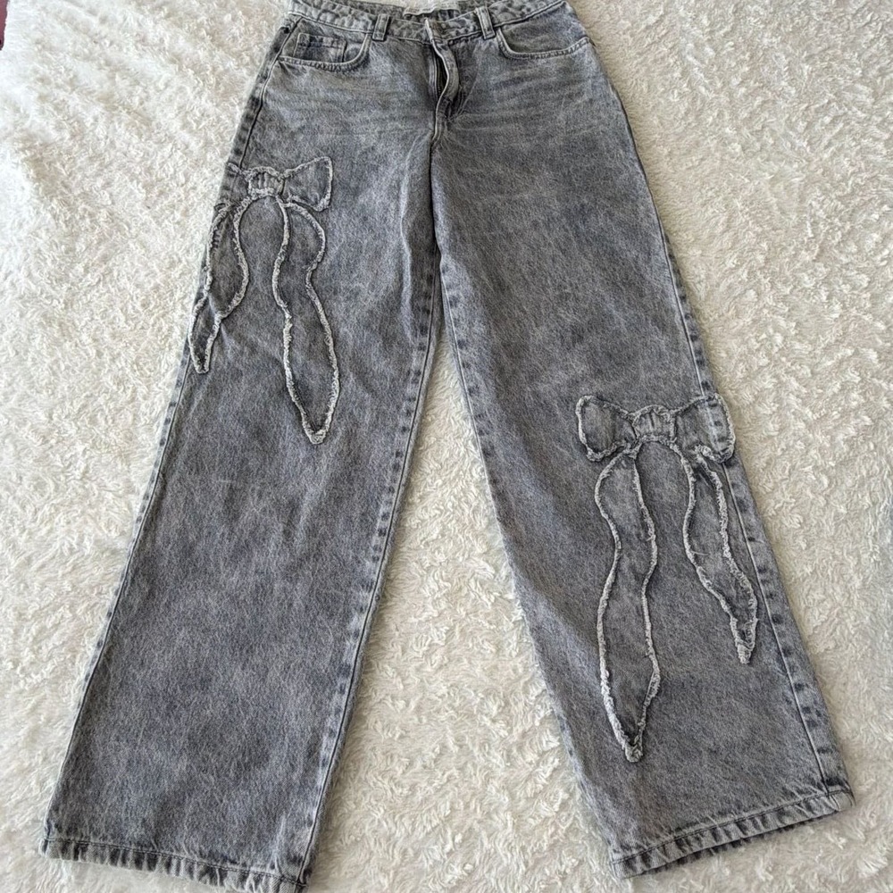 Primark Denim Co Girls Grey Acid Wash Wide Leg Bow Embroidered Jeans